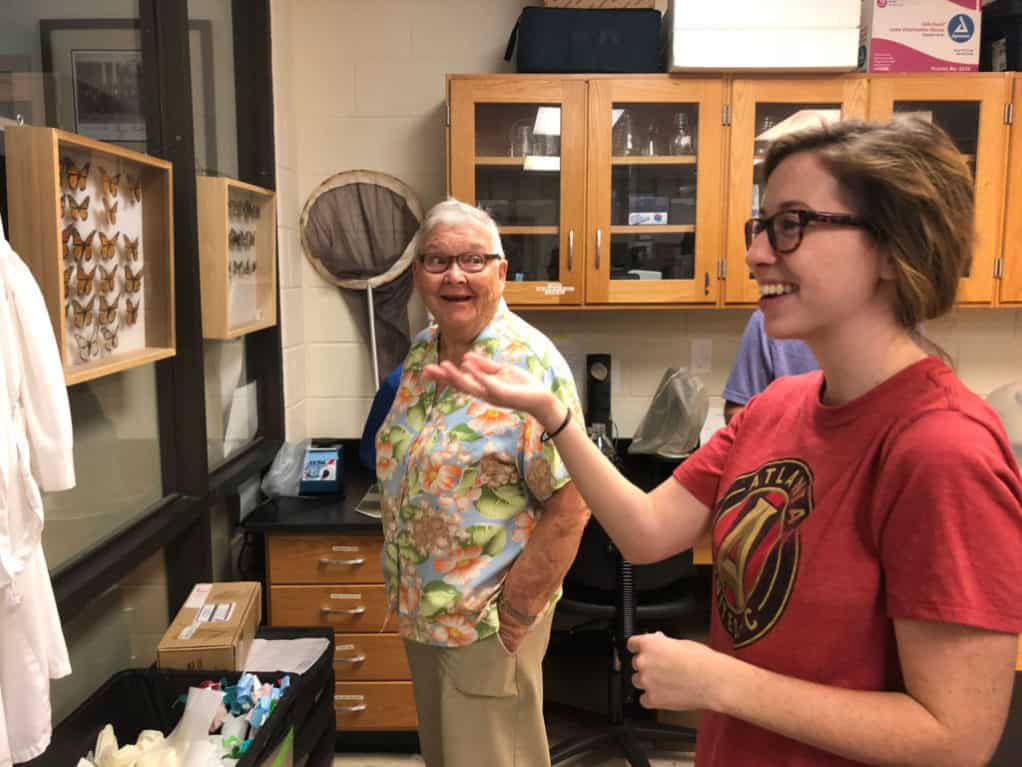 Lucy Weeks King with Hayley Adair Schroeder in the Altizer butterfly lab.