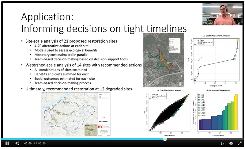 Screenshot from Kyle McKay's seminar showing a slide titled "Application: Informing decisions on tight timelines" and with Dr. McKay in the upper right corner.