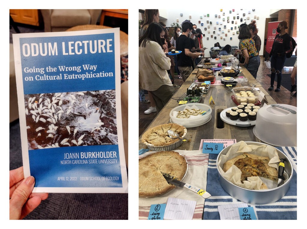 Lect, the cover of the Odum Lecture 2022 program; right, a table covered with entries in the Great Odum Bake-Off, with students perusing and sampling the offerings.