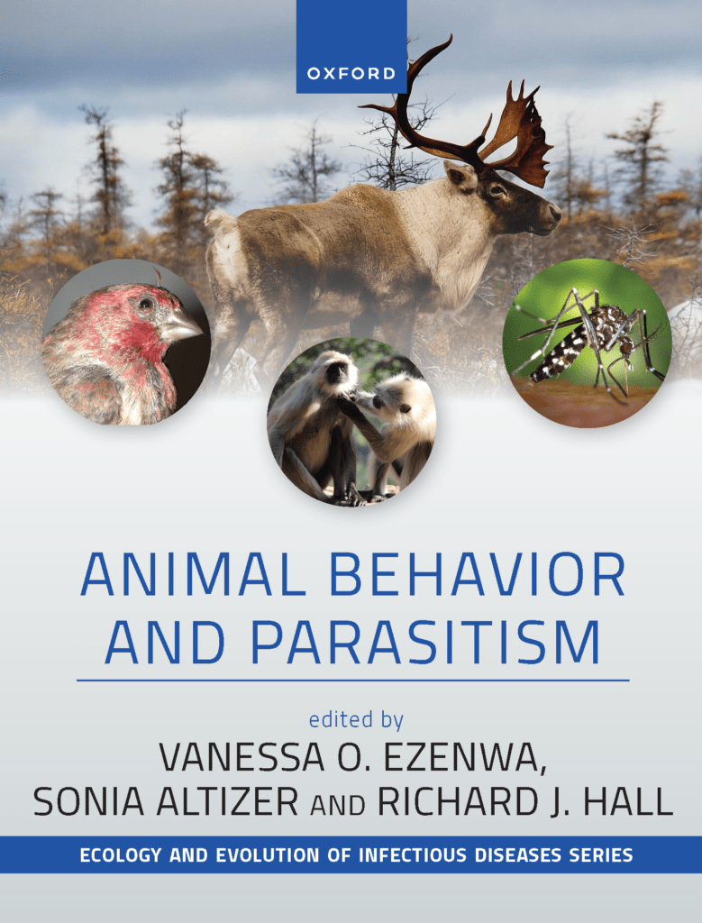 The cover art for Animal Behavior and Parasitism by Sonia Altizer, Vanessa Ezenwa and Richard Hall shows an elk, a bird, two primates and an insect.