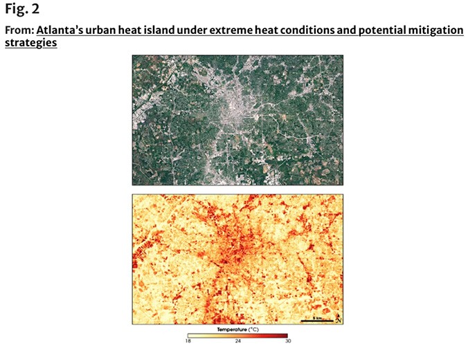 The figure here illustrates the concept with a pair of satellite images taken of Atlanta in 2000, demonstrating temperature variability of up to 12 degrees Celsius in developed urban centers.